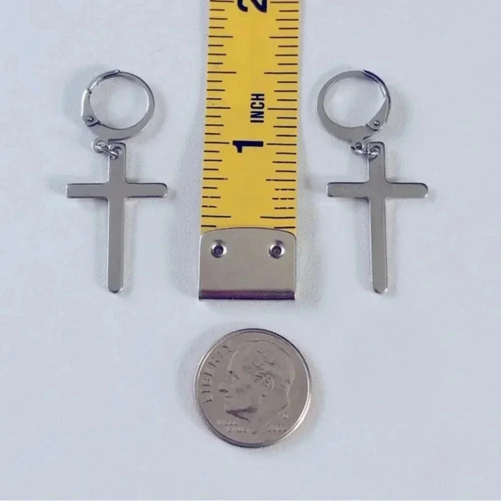 Silver Christian Cross on Hoop Stainless Steel Earrings NWT - Picture 3 of 3